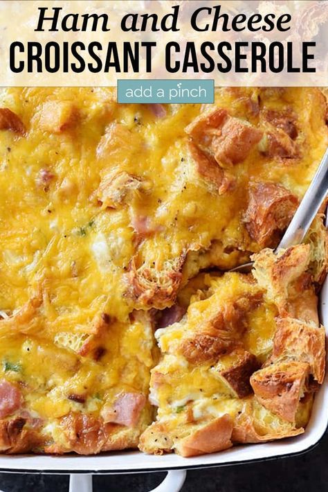 Ham and Cheese Croissant Casserole Recipe - An easy and delicious breakfast casserole that everyone loves! Made of ham, two cheeses, and buttery croissants and baked to perfection! // addapinch.com #hamandcheesecroissantcasserole #hamandcheesecasserole #casserole #hamandcheese #brunch #breakfast #addapinch Cresent Roll Breakfast Casserole, Ham And Cheese Croissant Casserole, Cresent Roll Breakfast, Croissant Casserole, Croissant Breakfast Casserole, Ham And Cheese Casserole, Ham Breakfast Casserole, Easy Suppers, Delicious Breakfast Casserole