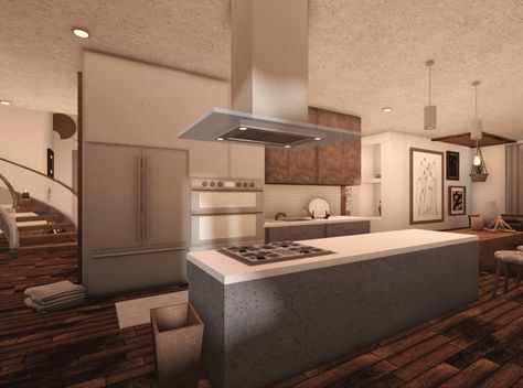 Bloxburg Open Kitchen Ideas, Bloxburg Kitchen Modern Ideas, Blocksburg Kitchen Ideas Modern, Bloxburg House Kitchen Ideas Modern, Blox Burg Kitchen Ideas Aesthetic, Kitchen Ideas Modern Bloxburg, Roblox Bloxburg Kitchen Ideas Modern, Kitchen Modern Bloxburg, Kitchen Interior Bloxburg