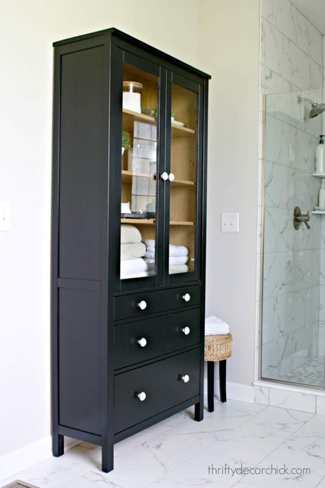 Black Glass Cabinet Bathroom, Bathroom With Tall Cabinet, Painted Hemnes, Black Bathroom Cabinet, Hemnes Cabinet, Bathroom Storage Cabinet Freestanding, Ikea Cabinet, Painting Ikea Furniture, Black Painted Furniture