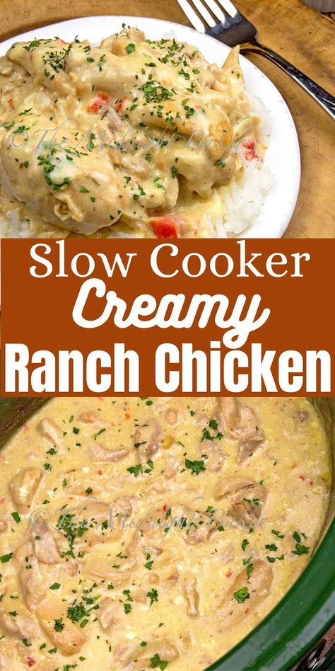 Make this super easy creamy ranch chicken in your slow cooker! This is a finger-licking good family dinner that is effortless and nutritious. Creamy Chicken Recipes Slow Cooker, Crockpot Meals All Day Dinners, Easy Chicken Recipes With Few Ingredients Crock Pot, Slow Cooker All Day Recipes, Healthy Ranch Chicken Crockpot, Slow Cooker Ranch Chicken Recipes, Easy Crockpot Ranch Chicken, Crockpot Creamy Ranch Chicken Recipes, Chicken Thigh Crockpot Meals