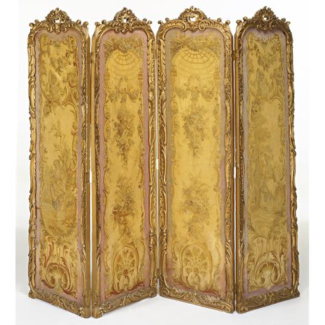 A LOUIS XVI STYLE CARVED GILTWOOD AND AUBUSSON TAPESTRY FOUR-FOLD SCREEN<br>FRENCH, LATE 19TH CENTURY | lot | Sotheby's Gilded Furniture, Victorian House Interiors, Wood Entry Doors, Wood Exterior Door, Exterior Front Doors, Decorative Screens, Folding Screen, Antique Interior, Room Dividers