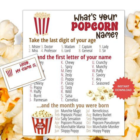 This Party Games item by TheFlooringGirl has 28 favorites from Etsy shoppers. Ships from United States. Listed on May 2, 2024 Movie Night Activities, Popcorn Theme, Name Tag Templates, Game Movie, Name Game, Movie Themed Party, Popcorn Party, Movie Night Party, Popcorn Bar