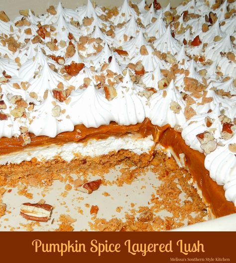 Pumpkin Spice Layered Lush Dessert Pumpkin Spice Pudding, Thanksgiving Menus, Lush Dessert, Lush Recipes, Southern Thanksgiving, Southern Thanksgiving Menu, Holiday Desserts Table, Layered Desserts, Chocolate Peanut Butter Cups