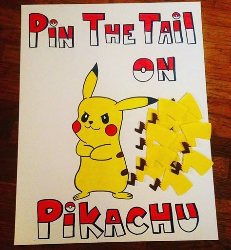 Pokemon 9th Birthday Shirt, Pikachu Party Games, Pin The Tail On The Pikachu, Pokemon Themed Party Games, Pokemon Pin The Tail, Pokemon And Mario Birthday Party, Diy Pokemon Games, Pokémon Birthday Ideas Games, Diy Pokémon Party