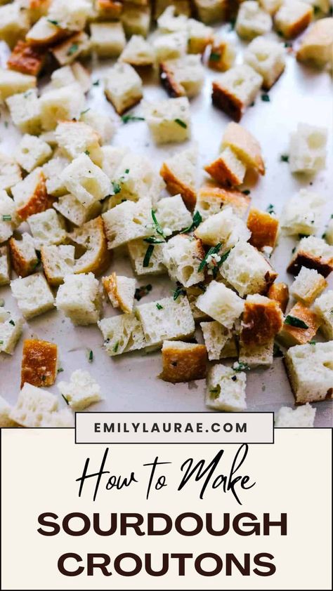 Crunchy, herbaceous, and delightfully tangy, these Homemade Sourdough Croutons are sure to elevate any salad or soup with a big hit of texture and flavor. Next time you have a loaf that is going stale, give it new life by turning to this recipe for easy baked seasoned croutons. All you need are 5 pantry staples and about 20 minutes to make them! Sourdough Croutons, Cornbread Croutons, How To Make Cornbread, Different Types Of Bread, Homemade Sourdough, Easy Bread, Sourdough Recipes, French Onion Soup, Pantry Staples