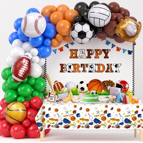 PRICES MAY VARY. 131Pcs Sports Birthday Party Decorations - You will get 119 latex balloons (5"+10"+12"), 1 sports happy birthday backdrop, 1 sports theme tablecloth, 7 large foil balloons (champion trophy, baseball glove, basketball, football, baseball, soccer, vollyball), 1 roll ribbon (10 m), 100 dots, 1 balloon arch strip (5 m). Life lies in movement. Many ball fans will love these sets filled with all kinds of ball sports elements. Let's hold a sports theme party together and enjoy the joy Sports Birthday Party Decorations, Ball Theme Birthday, Balloon Arch Backdrop, Soccer Party Decorations, Baseball Party Decorations, Kids Sports Party, Sports Party Favors, Sports Party Decorations, Sports Theme Birthday