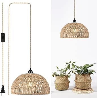 foucasal Plug in Pendant Light Hanging Lights with Plug in Cord 15ft Farmhouse Hanging Lamp Woven Rattan Plug in Ceiling Light Fixture for Living Dinning Room Bedroom Kitchen Island Plug In Ceiling Light, Plug In Hanging Light, Plug In Pendant Light, Light Hanging, Ceiling Light Fixture, Bedroom Ceiling Light, Woven Rattan, Ceiling Light Fixtures, Ceiling Fixtures