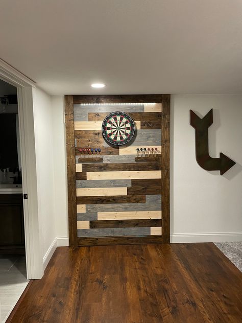 Basement Dartboard wall with LED light strip. Dart Board Wall Ideas, Dartboard Ideas, Dartboard Wall, Dartboard Surround, Dart Board Wall, Countertop Inspiration, Game Room Ideas, Basement Room, Pool Table Room