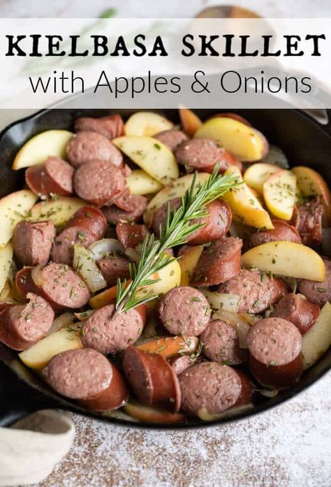 When the weather begins to turn and one-skillet meals are back on the menu, I absolutely recommend my Kielbasa Skillet recipe! If you are looking for a recipe that is flavorful, quick to make, and totally customizable, this is the perfect one.  This one-pan kielbasa dinner with apples and onions is packed with savory goodness, natural ingredients, and only 20 minutes total! via @artfrommytable Kielbasa Dinner, Kielbasa Skillet, Apples And Onions, Balsamic Vinaigrette Recipe, Kielbasa Recipes, One Skillet Meals, Frittata Recipes, Easy Meal Plans, Cottage Pie