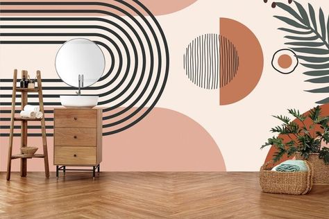 Living Room Wall Mural, Mid Century Modern Wallpaper, Backdrop Tv, Restaurant Design Inspiration, 4 Season Room, Room Wall Mural, Modern Mural, Wallpaper Retro, Coffee Shops Interior