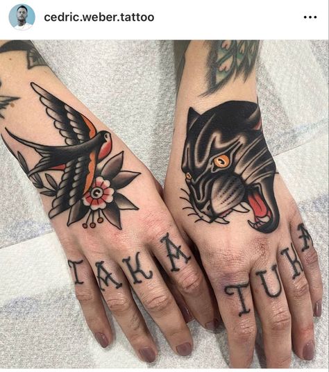 Panther Hand Tattoo, Hand Tattoo Traditional, Swallow Hand Tattoo, Traditional Swallow Tattoo, Hand Tattoos For Men, Traditional Panther Tattoo, Mother Tattoos For Children, Traditional Tattoo Flowers, Tattoo Shading