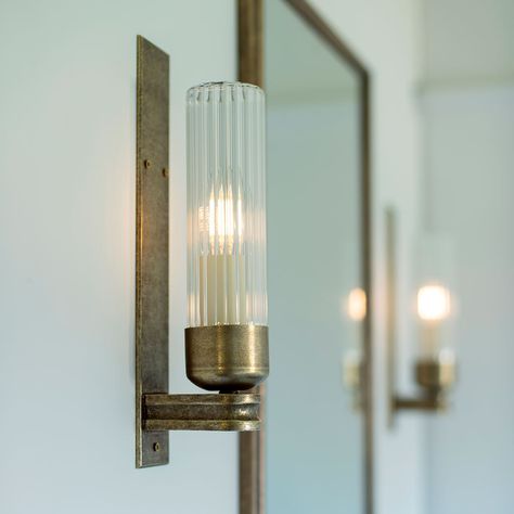 Raydon Wall Light in Antiqued Brass (Fluted Glass) Water Closet Lighting, Kitchen Panelling, Wall Light Bathroom, Prairie Modern, Big Bedroom, Modern Bathroom Light Fixtures, Coastal Bathroom Design, Fluted Wall, Antique Brass Bathroom