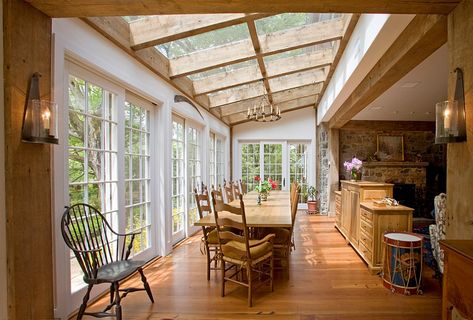 Skylights can transform old structures into breezy, modern homes [Design: Worthington Custom Builder] Sunroom Dining Room Ideas, Sunroom Dining Room, Sunroom Dining, Skylight Design, Farmhouse Dining Room Table, Farmhouse Traditional, Traditional Dining Room, Farmhouse Table, Farmhouse Design