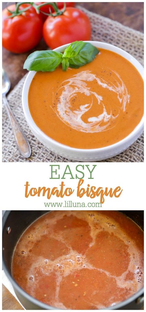 Thick, creamy, and delicious Tomato Bisque is a family favorite! This recipe is also beyond simple which makes it even more appealing. #tomatobisque #tomato #bisque #soup Easy Tomato Bisque, Healthy Delicious Soups, Tomato Bisque Recipe, Tomato Basil Bisque, Tomato Bisque Soup, Bisque Soup Recipes, Life Made Simple, Bisque Soup, Bisque Recipe