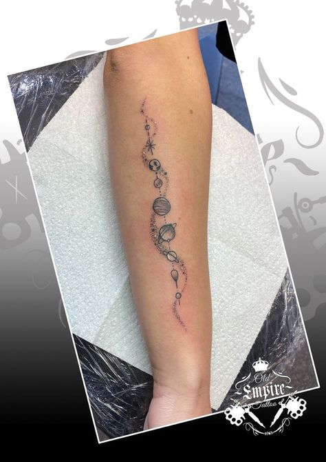 Empire Tattoo, Solar System Tattoo, Astrology Tattoo, Small Girly Tattoos, Space Space, Spine Tattoos For Women, Forearm Tattoo Women, Space Tattoo, Spine Tattoo