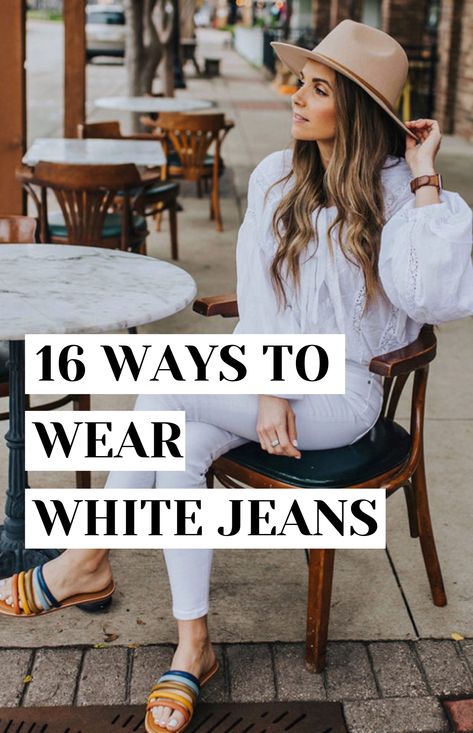 White Denim Summer Outfit, White Jeans With White Top, Classy White Jeans Outfit, How To Pair White Jeans, White Distressed Jeans Outfit, White Jeans Outfits Summer, Spring Outfits With White Jeans, Tops For White Jeans, How To Style A White Jeans