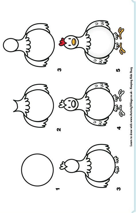 How To Draw A Chicken, Trin For Trin Tegning, Desenhos Love, Chicken Drawing, Drawing Instructions, Draw Cartoon, Easy Drawings For Kids, Chicken Art, Pola Sulam