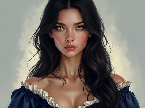 Adult female looks like Gemma Chan with long dark hair. She has golden yellow eyes and pale skin. She is wearing renesance fantasy dress of dark blue color. Fantasy style. Realistic drawn digital photo. Female Character Design Realistic, Female Looks, Black Hair Yellow Eyes, Fire Eyes, Gemma Chan, Fantasy Style, Golden Eyes, Long Dark Hair, Character Inspo