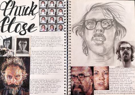 Portrait Artist Research Page, A Level Research Page, Artist To Research, Distortion Artist Research, Guy Denning Artist Research, Artist Research Sketchbook Pages, College Sketchbook Ideas, Chuck Close Artist Research, Ib Art Process Portfolio