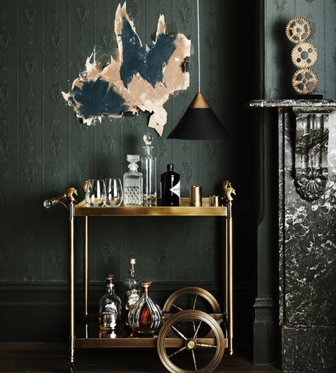 Royal Play, Dark Green Rooms, Famous Interior Designers, Bar Cart Styling, Stencil Design, Bar Cart Decor, Dark Interiors, Green Rooms, Interior Trend