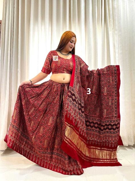 Gujarati Traditional Lehenga Choli, Pure Ajrakh Hand Block Print Modal Silk, Chaniya Choli For Women Or Girls, Skin Friendly, Organic Dye Ajrakh Chaniya Choli, Silk Chaniya Choli, Three Piece Suits, Traditional Lehenga, Gota Patti Work, Choli For Women, Organic Dyes, Organic Colors, Chaniya Choli