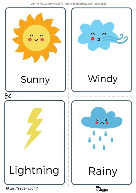 12 Free Weather Flashcards Printable For Preschool | Sadeky Weather Flash Cards Free Printable, Weather Sunny Activities Preschool, Free Printable Weather Chart Preschool, Weather Cards Preschool Free Printable, Flashcards For Preschoolers, Sunny Preschool Activities, Weather Pictures For Kids Free Printable, Sun Worksheets Preschool, Flash Cards For Kids Ideas