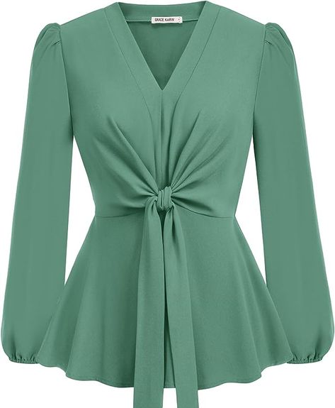 Womens Peacock Blue Peplum Tops V Neck Bell Sleeve Tops Tie Front Elegant Blouse 2XL at Amazon Women’s Clothing store Chiffon Tops Blouses Classy, Satin Blouse Designs, Blusas Satin, Formal Tops For Women, Blouse With Sleeves, Top Designs For Women, Classy Blouses, Ankara Gowns, Peplum Tops