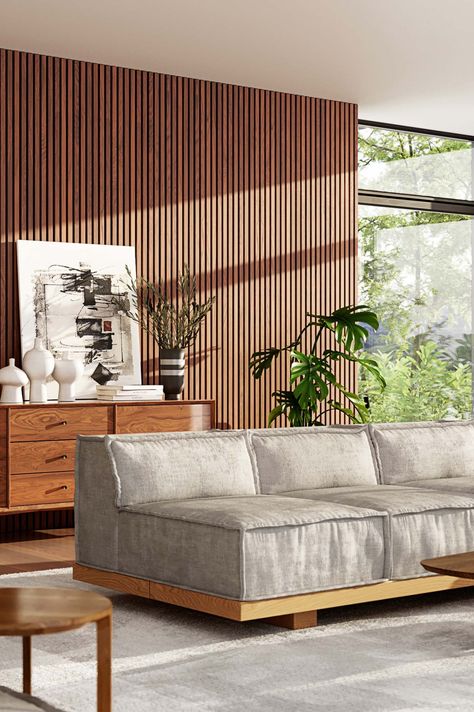 Slatted Wooden Wall, Slate Panel Wall, Wood Slat Feature Wall Living Room, Wood Slate Walls, Timber Panelling Wall Interiors, Mid Century Wood Slat Wall, Wooden Wall Panelling Living Room, Living Room Wood Slat Wall, Slate Wall Dining Room