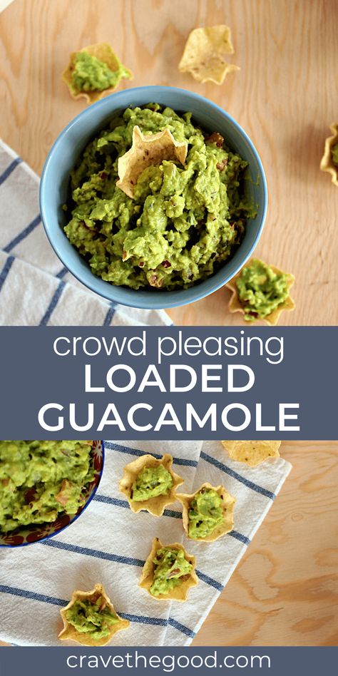 Chock full of fresh avocados, jalapeños, onions, tomatoes, garlic and a secret ingredient, this loaded guacamole recipe is going to be your new favourite! | cravethegood.com Guacamole Recipe No Onion, Guacamole Recipe No Tomato, Guacamole Recipe No Cilantro, Loaded Guacamole, Chips And Guacamole, Easy Guacamole Recipe, Cilantro Recipes, Wing Sauce Recipes, Guacamole Recipe Easy