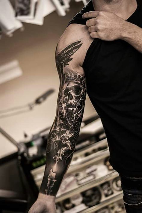 By Oscar Okerm Mens Body Tattoos, Gotik Tattoo, Mangas Tattoo, Mujeres Tattoo, Tattoos For Men And Women, Skull Sleeve Tattoos, Polynesian Tattoos, Skull Sleeve, Tattoo Trend