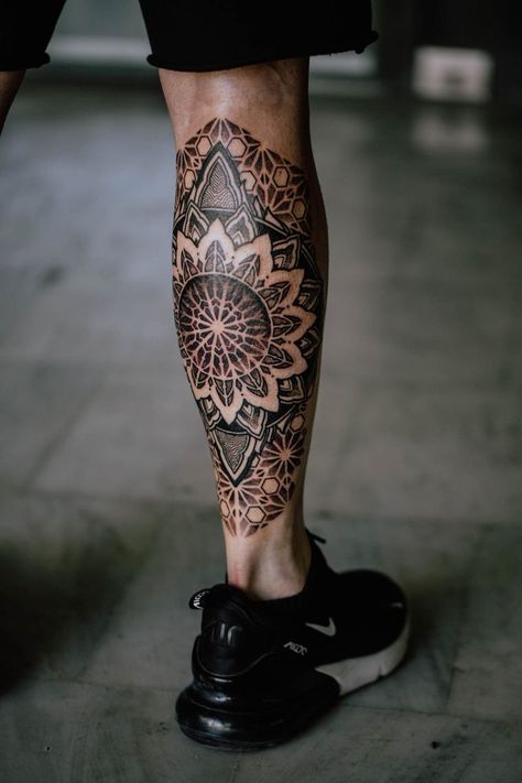 Mandala Tattoo Men Leg, Men Leg Sleeve, Shore Tattoo, Sake Tattoo, Calf Sleeve Tattoo, Patterns Photography, Geometric Tattoo Leg, Mandala Tattoo Men, Leg Band Tattoos