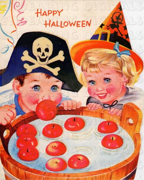 Vintage Halloween Candy Ads, Bobbing For Apples Halloween, 50s Halloween, Apple Bobbing, 1950s Halloween, Photo Halloween, Vintage Halloween Cards, Bobbing For Apples, Vintage Halloween Images