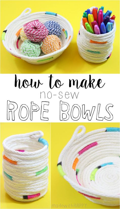 How to make No-Sew Rope Bowl - made with HAPPY Free Jewelry Making Projects, Rope Bowls, Diy Rope Basket, Rope Projects, Diy Bowl, Felt Crafts Diy, Coiled Baskets, Fabric Bowls, Rope Crafts Diy