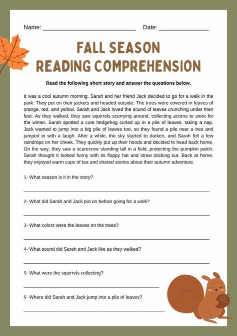 Fall Reading Comprehension Worksheets, Reading Comprehension 5th Grade, Grade 5 Reading Comprehension Worksheets, Autumn Worksheet, Fall Reading Activities, Thanksgiving Reading Comprehension, Fall Reading Comprehension, Science Reading Comprehension, November Reading