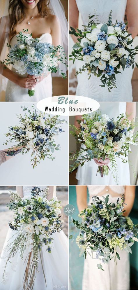 Bouquet Wedding Dusty Blue, Blue Bridal Flowers Bouquet, Spring 2023 Wedding Flowers, Bouquets For Blue Bridesmaids Dresses, Flowers For Summer Wedding, Something Blue Quotes Wedding, Blue Summer Wedding Flowers, Wedding Bouquets Summer Blue, Something Blue Flowers