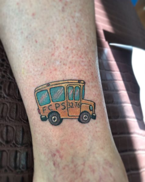 Artist: Branded by Biggss Location: Branded by Biggss School Bus Tattoo, Bus Tattoo, Tattoo On Face, Mini Tattoo, Car Tattoos, Red Bus, Face Tattoos, Mini Tattoos, School Bus