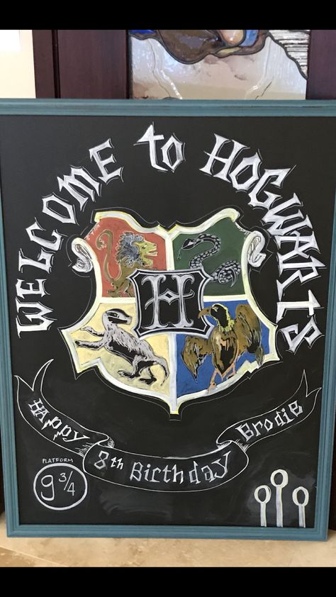 Welcome To Hogwarts Sign, Harry Potter Birthday Chalkboard, Harry Potter Chalkboard Art, Harry Potter Welcome Sign, Hogwarts Sign, Welcome Signs Front Door, Welcome To Hogwarts, Harry Potter Theme Party, Birthday Balloon Decorations