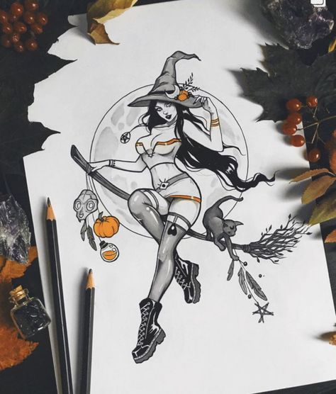 Cool Art Drawings Sketches Creative, Cool Art Drawings Sketches, Witch Drawing, New Coloring Pages, Witch Tattoo, Happy October, Pin Up Tattoos, Halloween Drawings, Halloween Tattoos