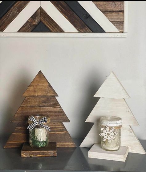 Oh Christmas Tree, Oh Christmas Tree 🎄... These wooden trees make lovely tabletop decor pieces. The jars are not included. You can add your own or turn the tree around and and have the tree displayed without a jar. So many options!  Measures  10.5" tall 9 3/8" wide  Pictured is in Espresso and Whitewash finish. Other finishes are available.  We have other home decor items for sale.  Check out our business page at https://www.facebook.com/vintagefeatherednest/ 2x6 Christmas Crafts, Rustic Wood Home Decor, Craft Fair Wood Projects, Wooden Decor Christmas, Homemade Rustic Christmas Decorations, Christmas Wooden Crafts To Sell, Rustic Wood Trees, Wood Christmas Tree Ideas Diy Projects, Diy Christmas Tree Table Decor