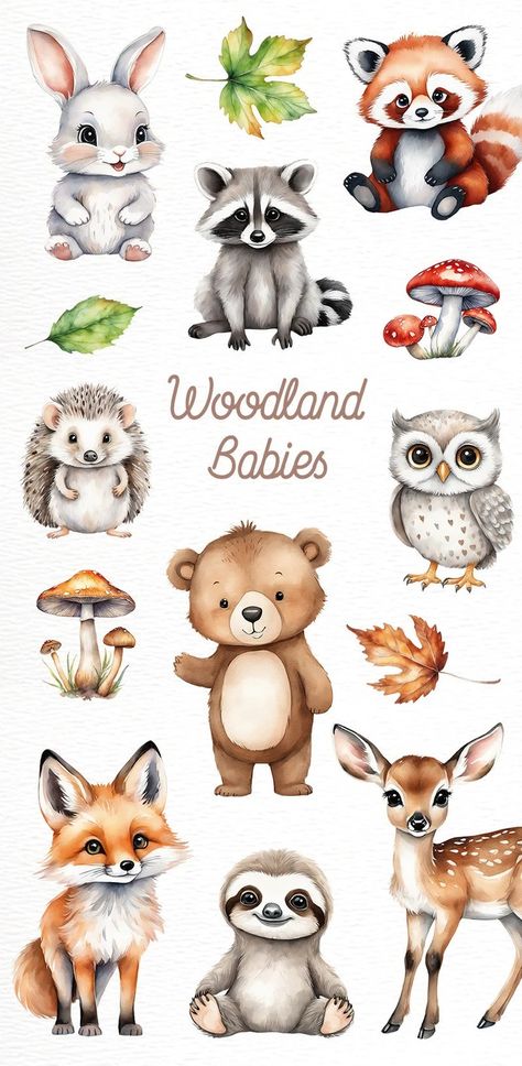 Cute Woodland Creatures, Woodland Creature Drawing, Cute Forest Animals Illustration, Easy Woodland Animal Drawings, How To Draw Woodland Animals, Animated Animals Drawings, Aesthetic Animal Drawings, Woodland Animals Drawing, Cute Racoon Drawings