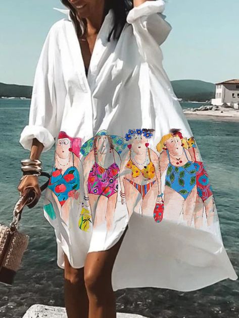 Beach Party Dresses, Beach Party Dress, Plus Size Beach, Swim Suit Cover, Batik Art, White Boho Dress, Fall Fit, Printed Shirt Dress, Swimsuit Dress