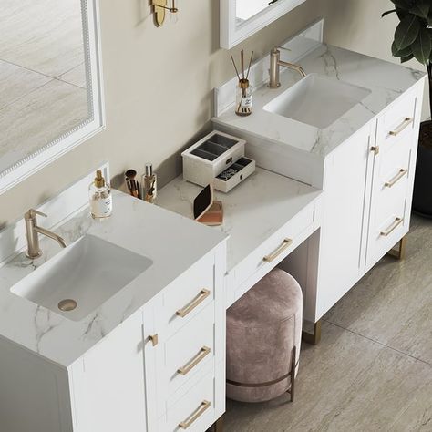 86" White Freestanding Double Sink Bathroom Vanity Set with Makeup Table Marble Top