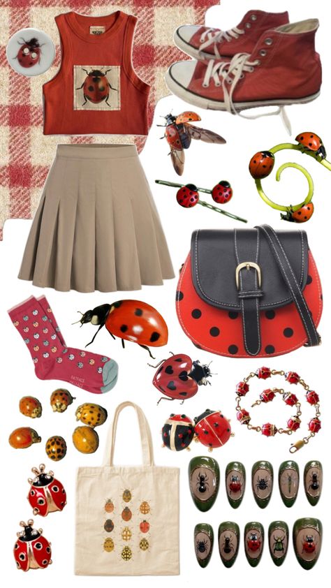 Hungry Caterpillar Outfit, Ladybug Clothes, Ladybug Aesthetic, Ladybug Outfits, Ladybug Jewelry, Very Hungry Caterpillar, Fashion Collage, Hungry Caterpillar, Aesthetic Collage