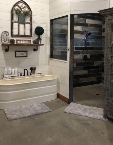 Courtny Faith Caselton Bardominum Ideas Bathroom, Small Bathroom Western Ideas, Shop House Bathroom, Barndominium Bathroom Ideas Rustic, Unique Farmhouse Ideas, Western Master Bath Ideas, Adding A Bathroom To A House, Western Master Bath, Inside Of Barndominium