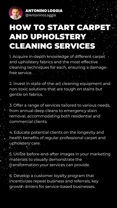 To start a carpet and upholstery cleaning business, focus on acquiring the right equipment and skills. Get certified to enhance your credibility and knowledge. Offer specialized services, such as stain removal or allergen reduction, to differentiate your business. Create maintenance packages and foster relationships with furniture stores for referrals. Digital marketing and word-of-mouth will be key in growing your client base for carpet and upholstery cleaning services. Carpet Cleaning Business, Leadership Skill, Cleaning Techniques, Social Media Marketing Content, Stain Removal, Cleaning Business, Marketing Content, Cleaning Equipment, Carpet Cleaner