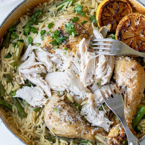 Check out Whole Roasted Chicken in a Pot with Lemon Orzo recipe and more from Sur La Table! Chicken With Lemon Orzo, Chicken In A Pot, Chicken With Orzo, Chicken Main Course, Orzo Recipe, Chicken With Lemon, Lemon Orzo, Orzo Recipes, Whole Roasted Chicken