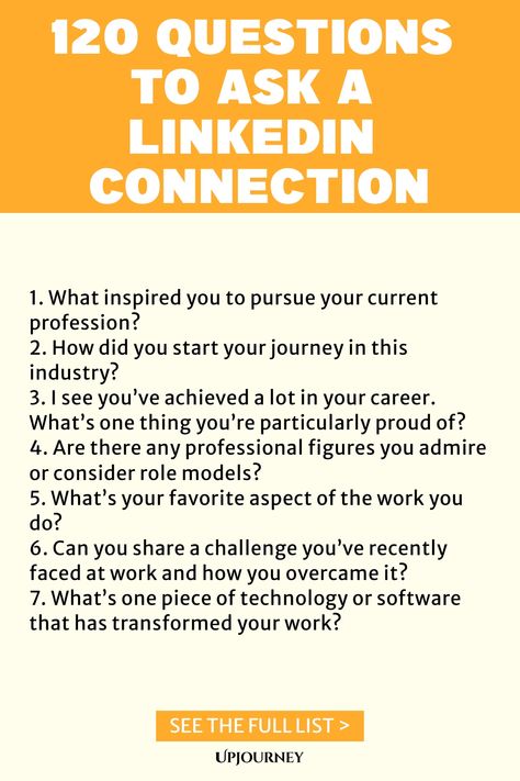 Explore the ultimate list of 120 thought-provoking questions to ask your LinkedIn connections. Use these questions to spark meaningful conversations, deepen professional relationships, and uncover shared interests. Elevate your networking game and make the most of your connections on LinkedIn! Linkedin Connections, Professional Relationships, Feedback Questions, Thoughtful Questions, Work Etiquette, Psychology Terms, Friendship And Dating, Personal Achievements, Getting To Know Someone