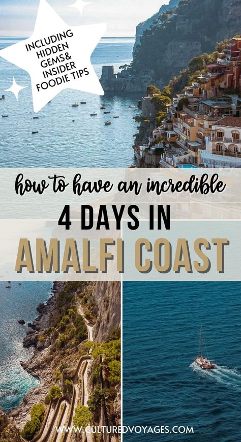 Looking for the ultimate Amalfi Coast itinerary for 4 days? In this Amalfi Coast guide from Cultured Voyages, discover why you don’t need to undertake an Amalfi Coast road trip (hint: travelling by water is better!), combine Amalfi Coast bucket list destinations with some lesser known gems and uncover the magic of this incredible destination. Get ready for an unforgettable trip with this Amalfi Coast Italy itinerary for 4 days! Almafi Coast Italy, Italy Trip Itinerary, Amalfi Coast Guide, Amalfi Coast Travel Guide, Amalfi Coast Towns, Sea Scenery, Amalfi Coast Itinerary, Italy Trip Planning, Amalfi Coast Positano