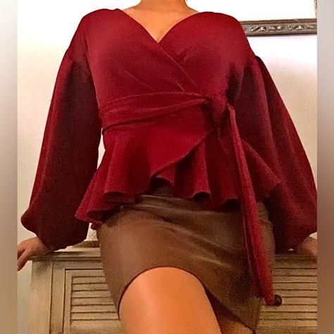 Red BLOUSE with Elegant Puffy Sleeves! Red Blouse, Puffy Sleeves, Shein Tops, Beautiful Blouses, Adjustable Belt, Red Blouses, High Heels, Outfit Inspo, Heels