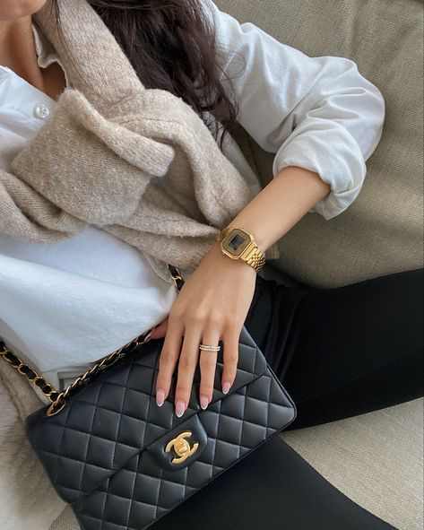 Chanel bag, white button down, neutral outfit, beige sweater, black Chanel bag, Chanel Lambskin Chanel Small Classic Bag, Sweater Over Shoulders, Classic Flap Chanel, Button Down Oversized Shirt, Cartier Bag, Chanel Bag Outfit, Oversized White Shirt, Chanel Outfit, White And Beige